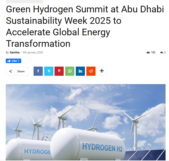 Green Hydrogen Summit at Abu Dhabi Sustainability Week 2025 to Accelerate Global Energy Transformation