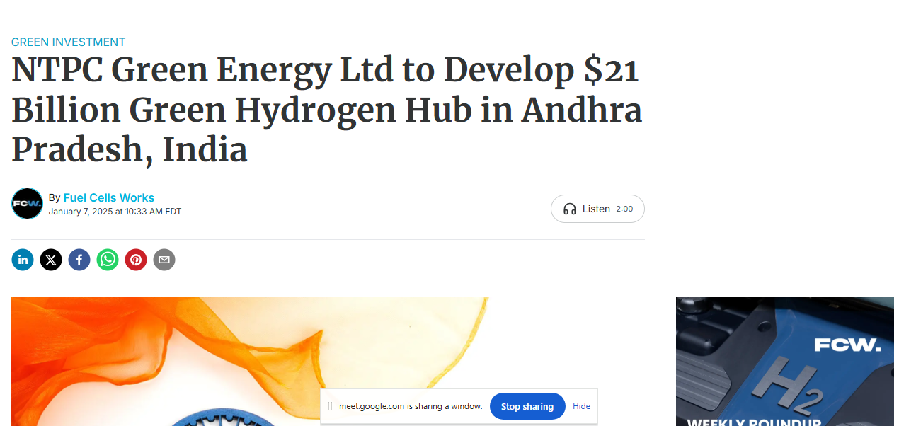 NTPC Green Energy Ltd to Develop $21 Billion Green Hydrogen Hub in Andhra Pradesh, India